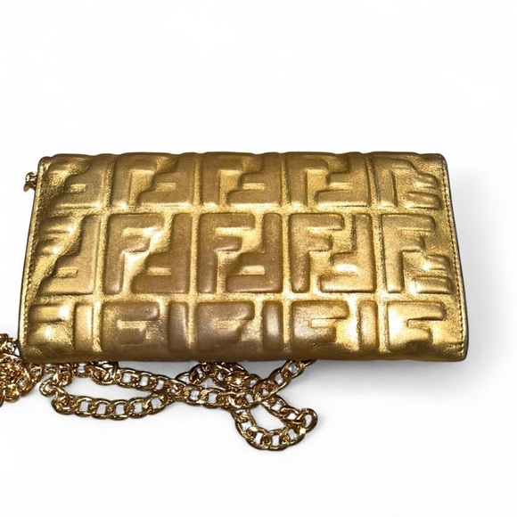 RARE FENDI Gold Zucca Embossed Wallet on Chain ✨ Discontinued Y2K Mini Bag - Picture 3 of 8
